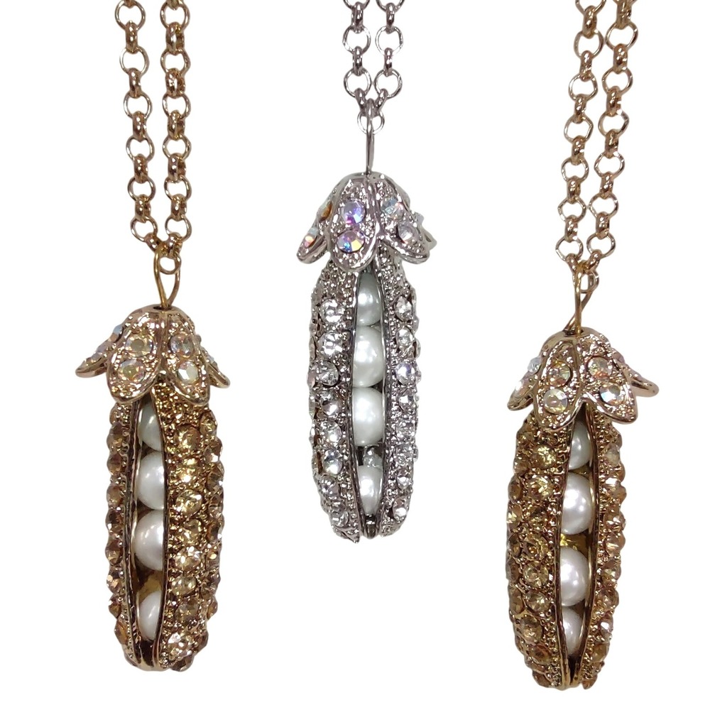 Pea Pod Necklace Pearl Rhinestone Gold Silver Tone Fashion‎ Jewelry Women
